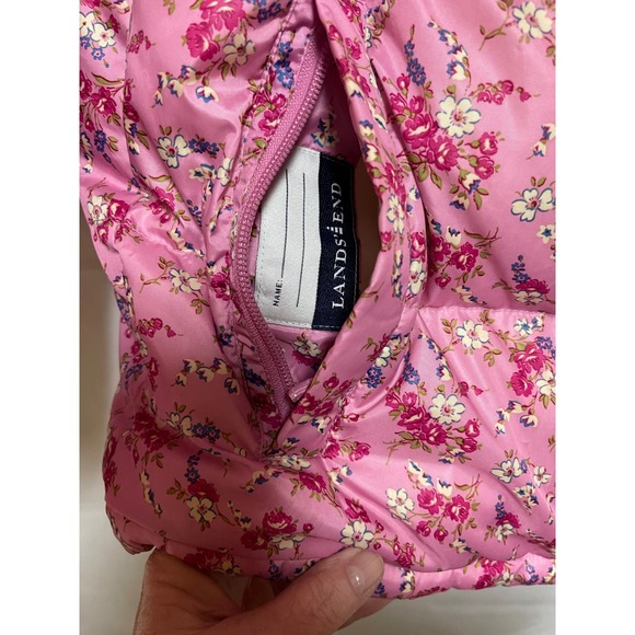 Lands End Women Pink Floral Puffer Jacket Hooded Down Fill Size L 14-16 - Picture 8 of 8